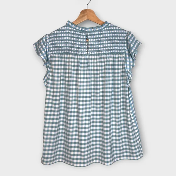ANN TAYLOR Gingham Pullover Top MEDIUM Blue & Sage Flutter Sleeve Preppy NEW - Picture 2 of 8